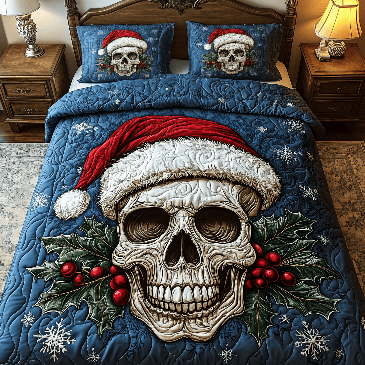 Skull 3 Piece Quilted Bedding Set Christmas Gift For Gothic Decor Lovers