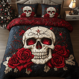 Skull in Blooming Roses 3 Piece Quilted Bedding Set Gift For Gothic Decor Lovers