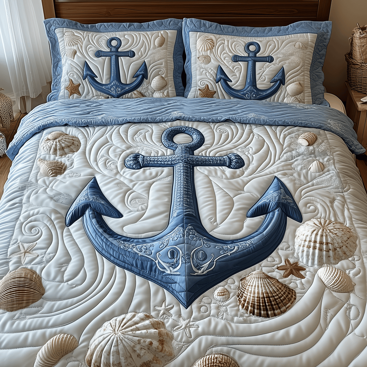 Nautical Anchor 3 Piece Quilted Bedding Set Gift For Beach Lovers
