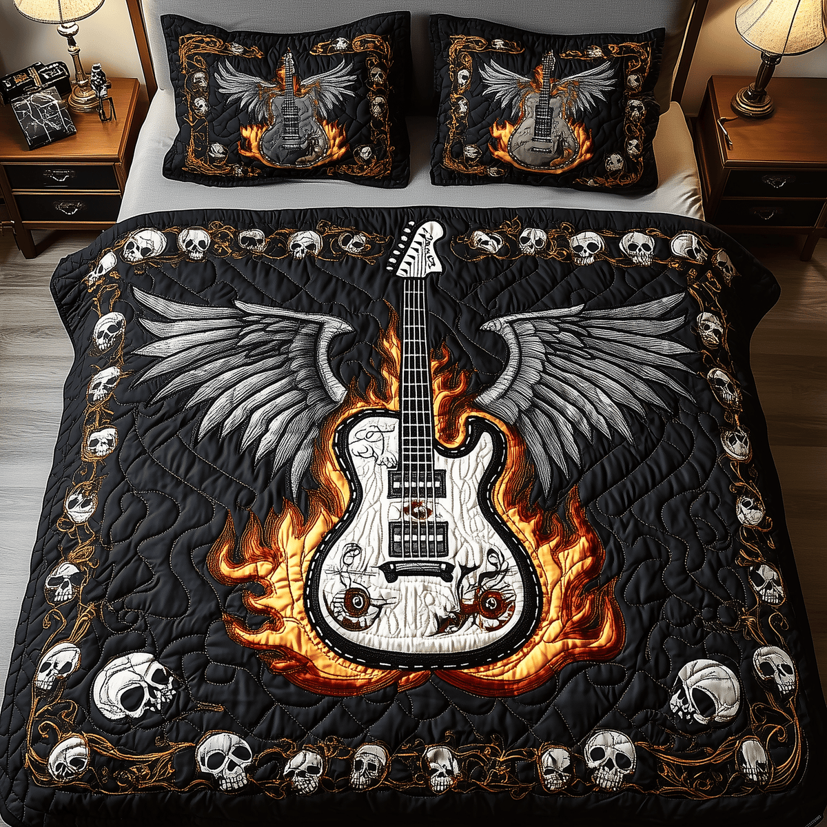 Heavy Metal Guitar 3 Piece Quilted Bedding Set Gift For Music Lovers