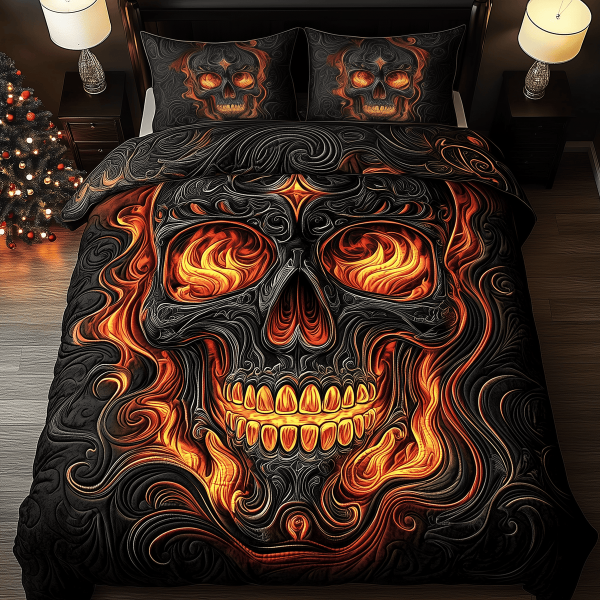 Skull on Fire 3 Piece Quilted Bedding Set Gift For Gothic Decor Lovers