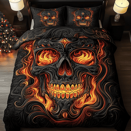 Skull on Fire 3 Piece Quilted Bedding Set Gift For Gothic Decor Lovers