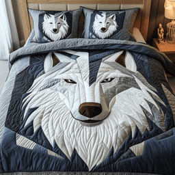 Ethereal White Wolf 3 Piece Quilted Bedding Set Gift For Wolf Lovers