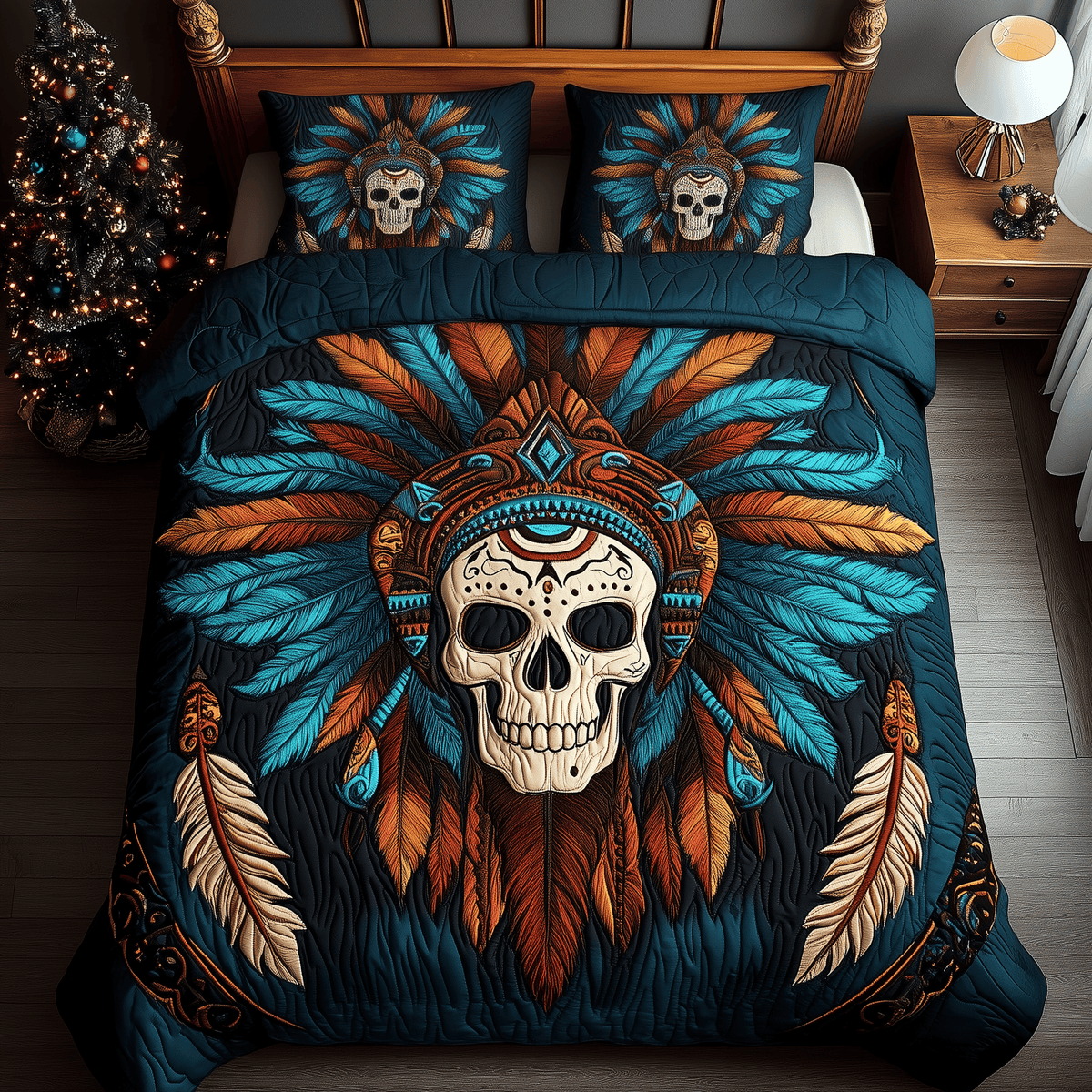 Native Warrior Skull 3 Piece Quilted Bedding Set Gift For Gothic Decor Lovers