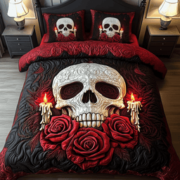 A Dinner Skull 3 Piece Quilted Bedding Set Valentines Day Gift For Flower Lovers