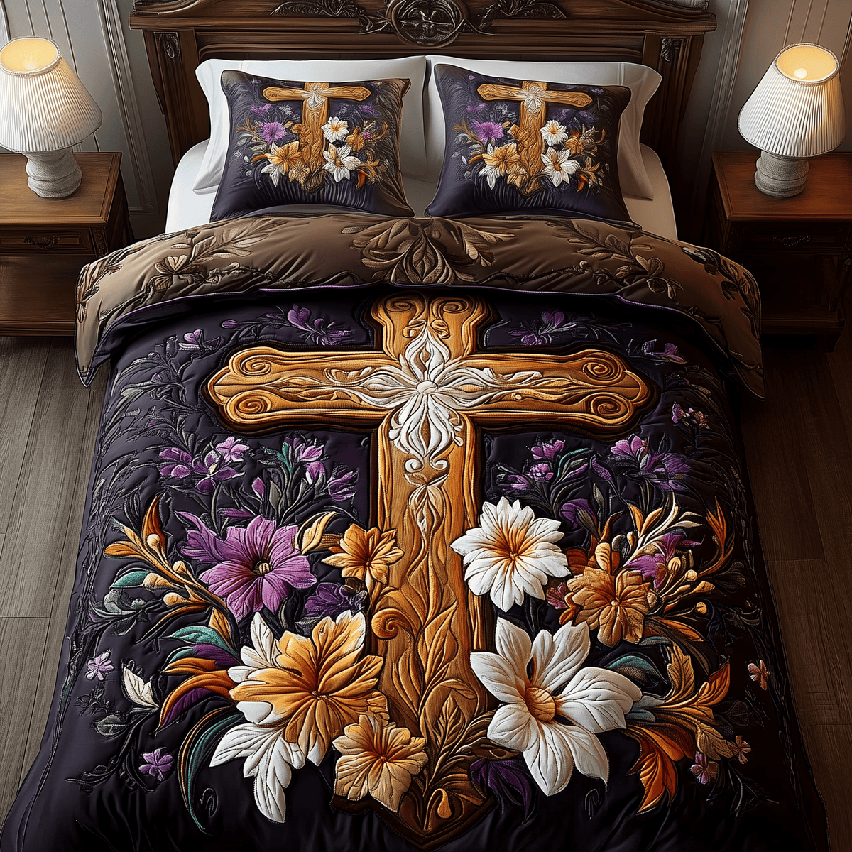 Stunning Cross 3 Piece Quilted Bedding Set Gift For Christians