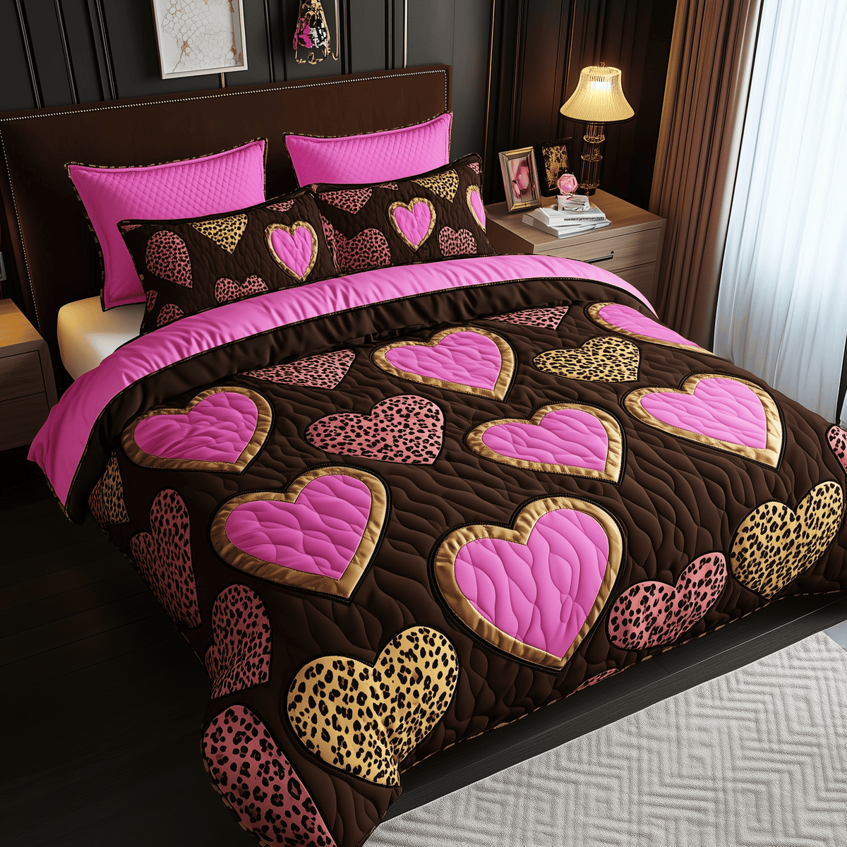 Pink Leopard Heart 3 Piece Quilted Bedding Set Gift For Home Decor Lovers