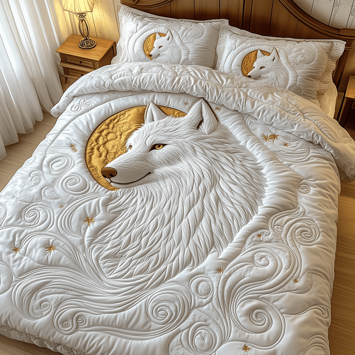 Ethereal White Wolf 3 Piece Quilted Bedding Set Gift For Wolf Lovers