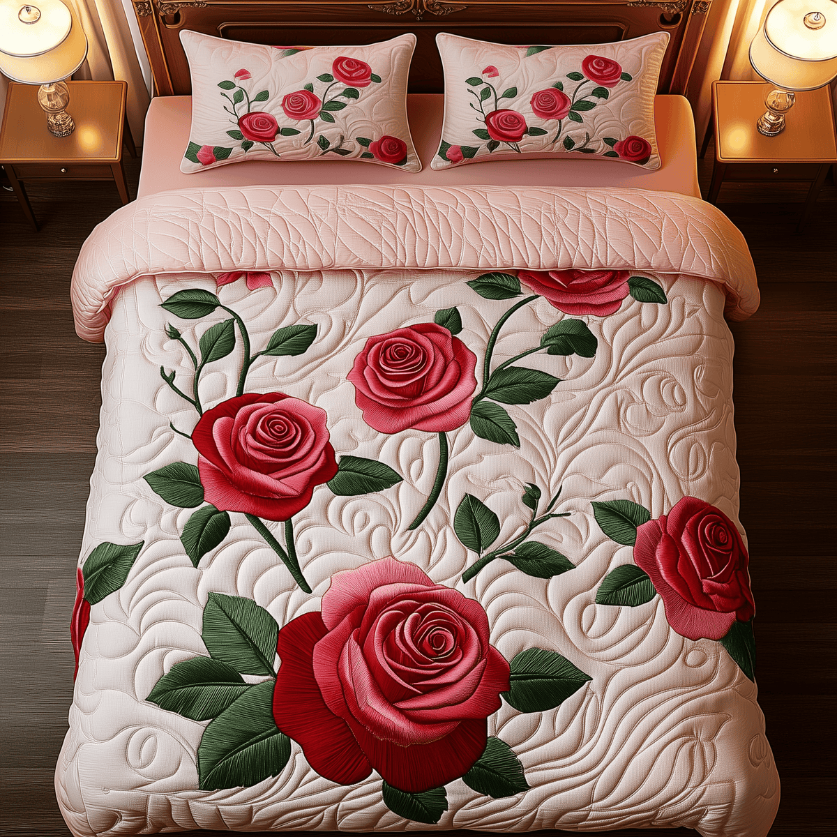 Vintage Roses 3 Piece Quilted Bedding Set Gift For Flower Lovers