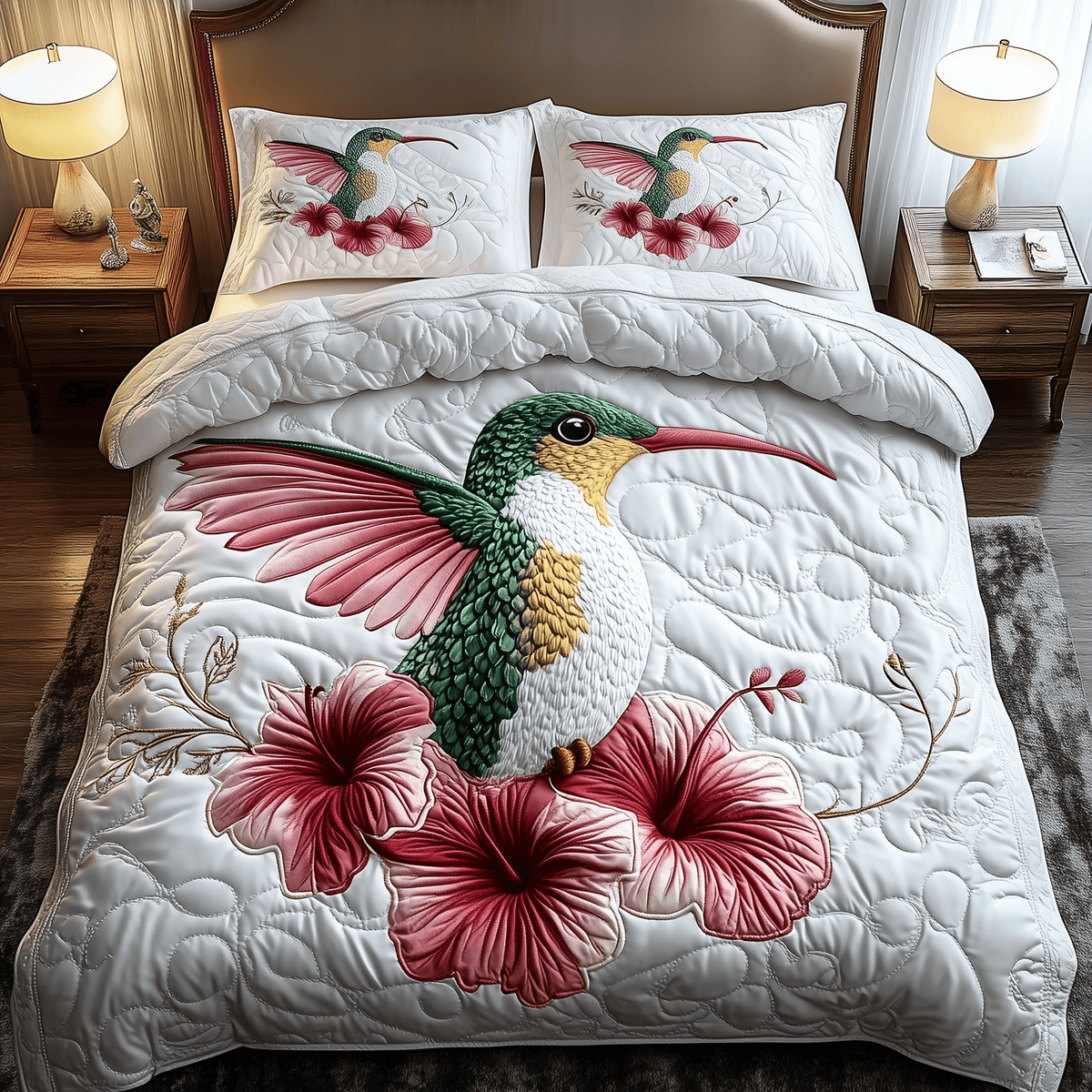 Charming Hummingbird 3 Piece Quilted Bedding Set Gift For Bird Lovers