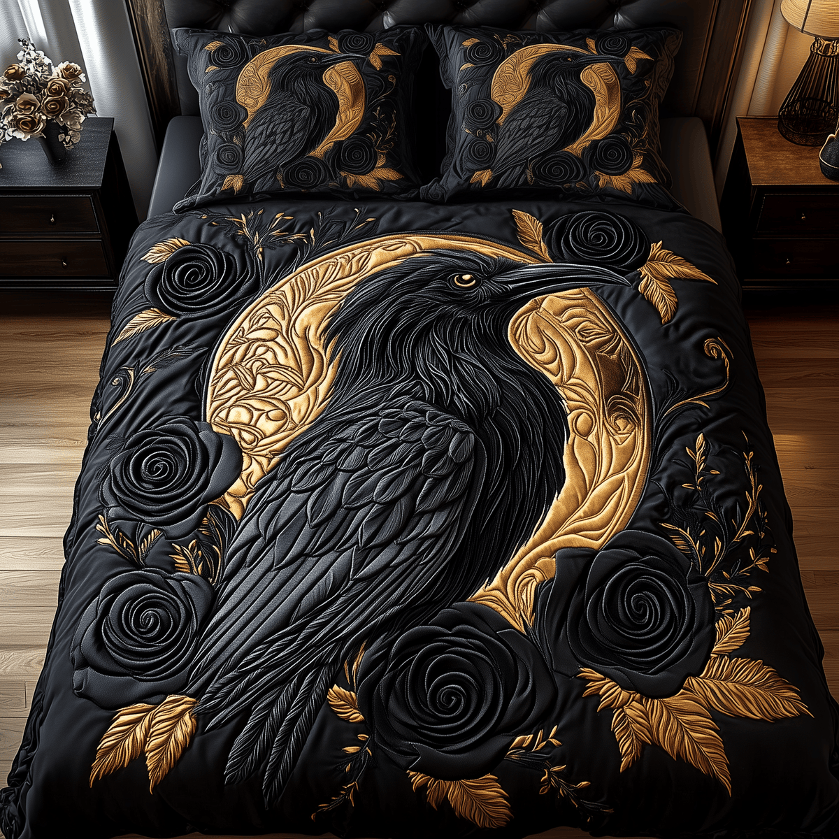 Gothic Raven 3 Piece Quilted Bedding Set Gift For Gothic Decor Lovers