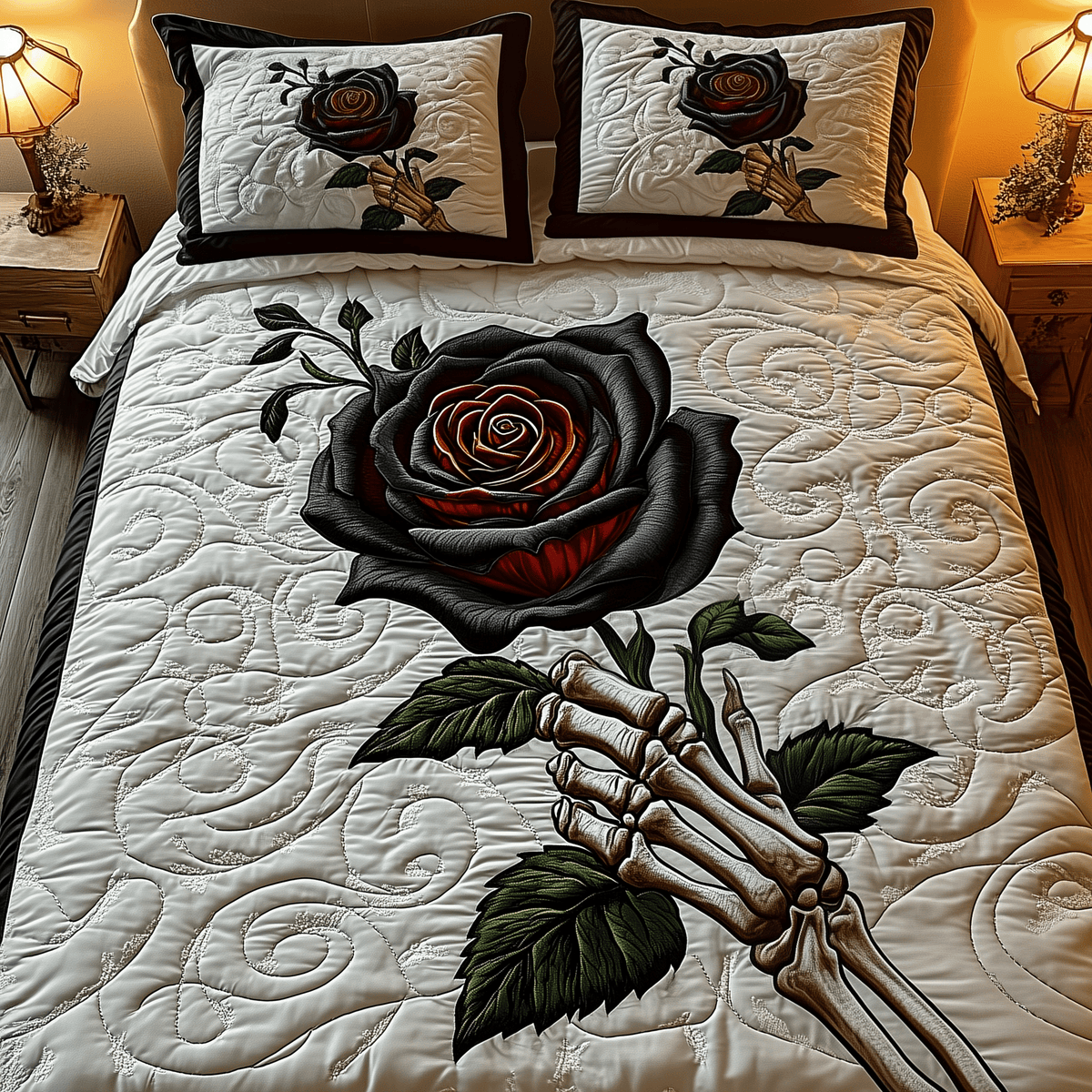 Charming Black Rose for U 3 Piece Quilted Bedding Set Gift For Flower Lovers