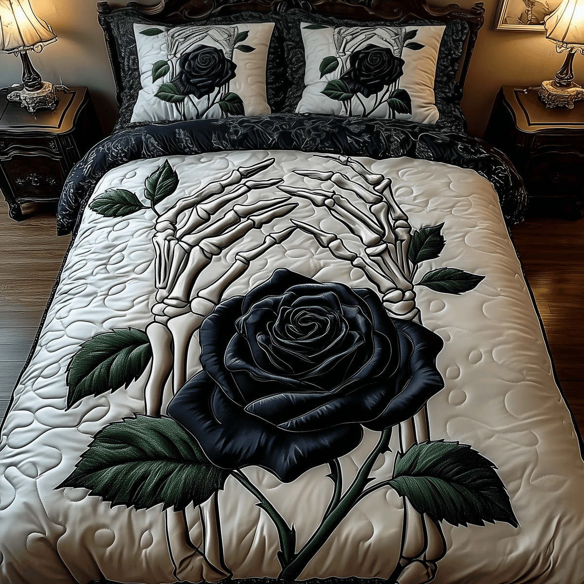 Charming Black Rose for U 3 Piece Quilted Bedding Set Gift For Flower Lovers