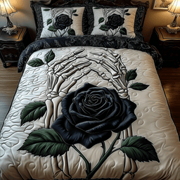 Charming Black Rose for U 3 Piece Quilted Bedding Set Gift For Flower Lovers