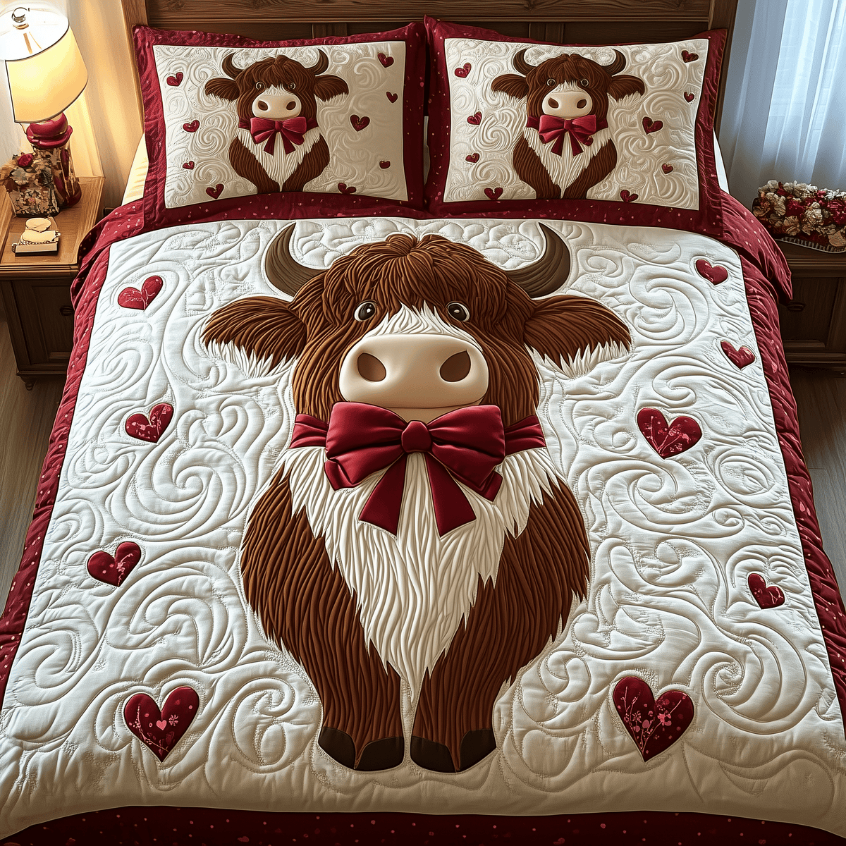 Highland Cow 3 Piece Quilted Bedding Set Valentines Day Gift For Cow Lovers