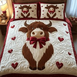 Highland Cow 3 Piece Quilted Bedding Set Valentines Day Gift For Cow Lovers