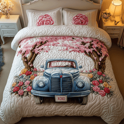 Cherry Blossom Truck 3 Piece Quilted Bedding Set Gift For Flower Lovers