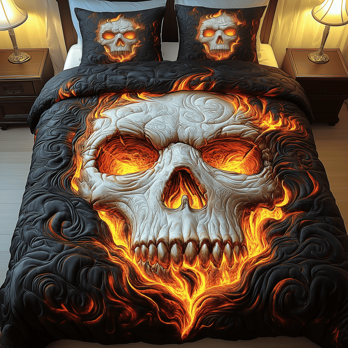 Lava Skull 3 Piece Quilted Bedding Set Gift For Gothic Decor Lovers
