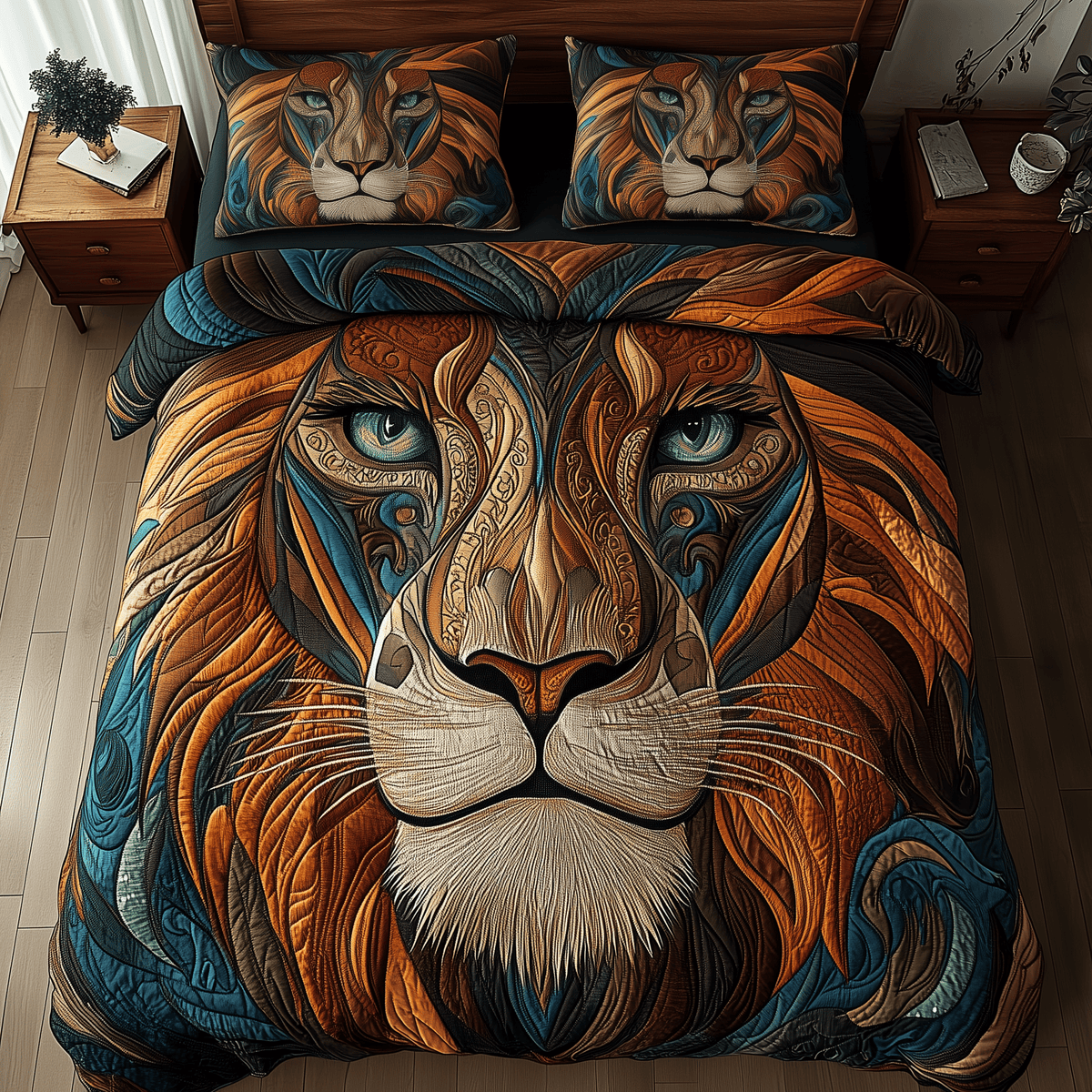 Majestic Native Lion 3 Piece Quilted Bedding Set Gift For Lion Lovers