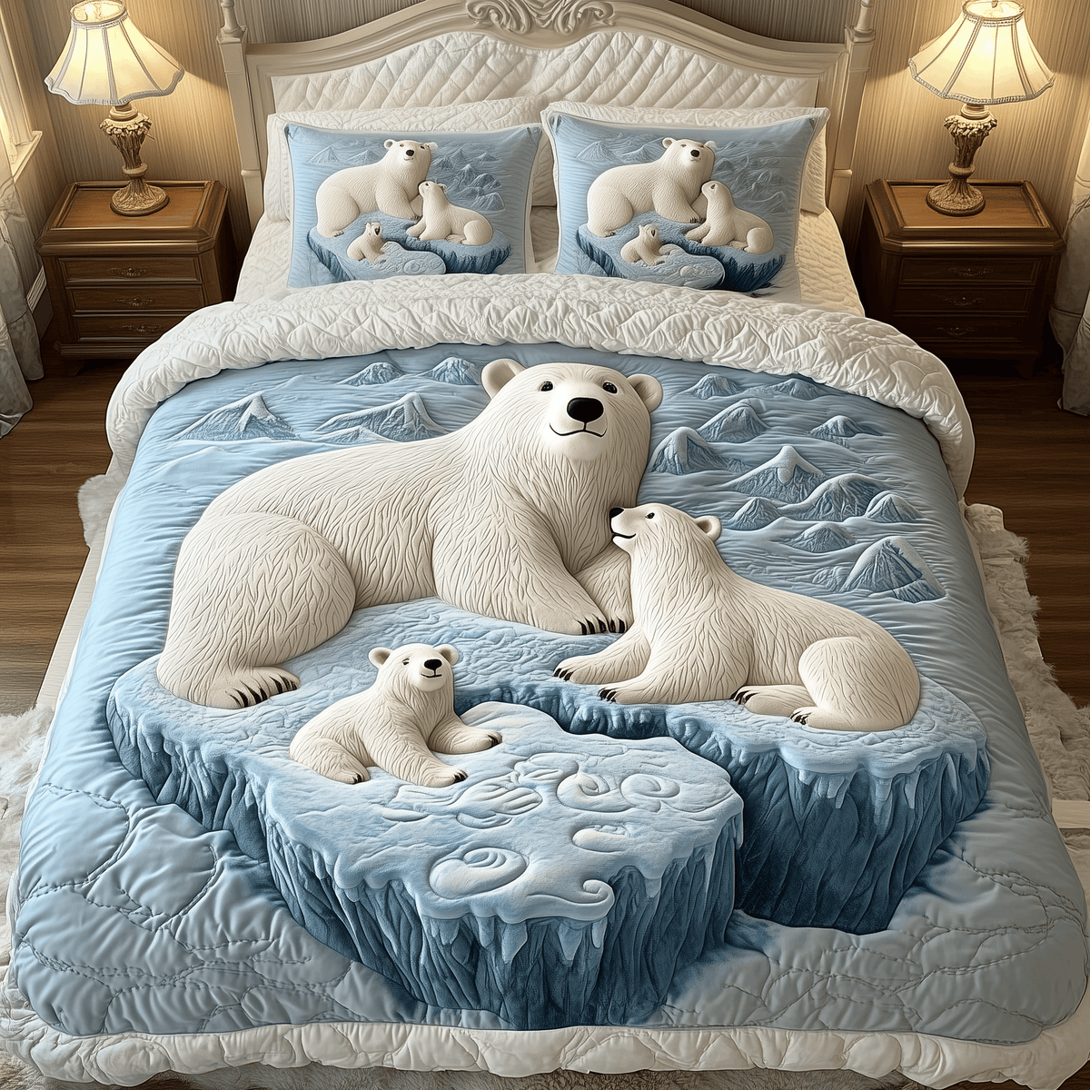 Polar Bear Family 3 Piece Quilted Bedding Set Gift For Bear Lovers