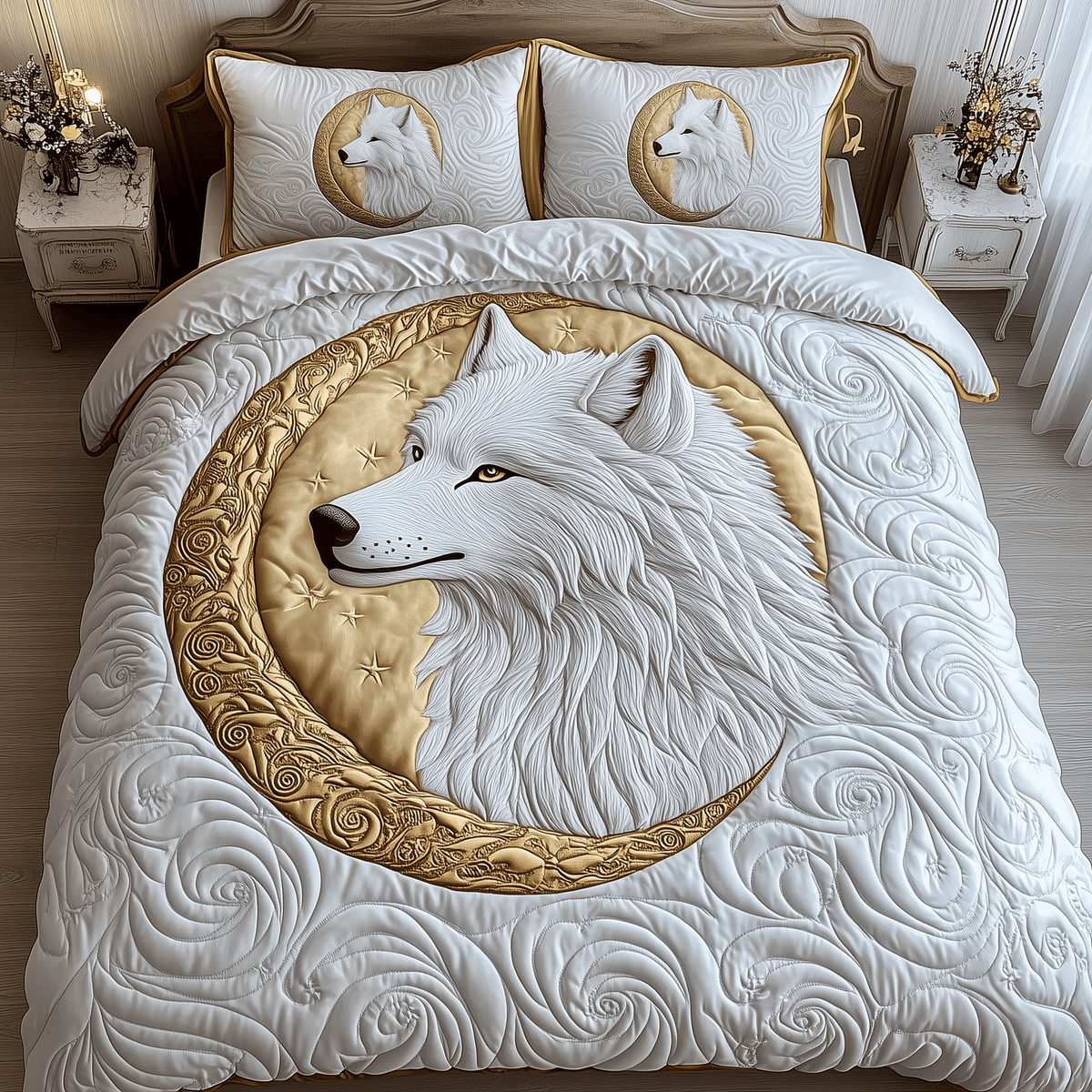 Ethereal White Wolf 3 Piece Quilted Bedding Set Gift For Wolf Lovers