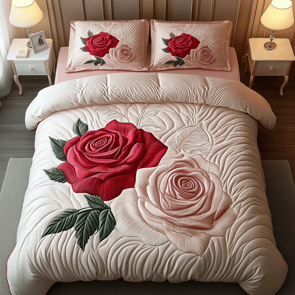 Vintage Roses 3 Piece Quilted Bedding Set Gift For Flower Lovers