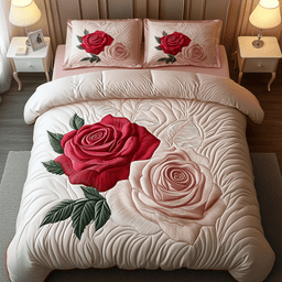 Vintage Roses 3 Piece Quilted Bedding Set Gift For Flower Lovers