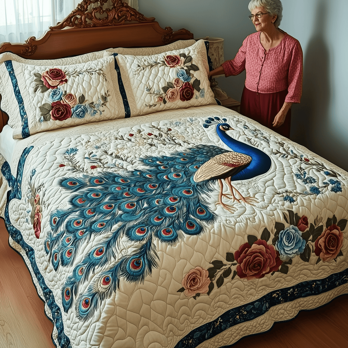 Royal Peacock 3 Piece Quilted Bedding Set Gift For Bird Lovers