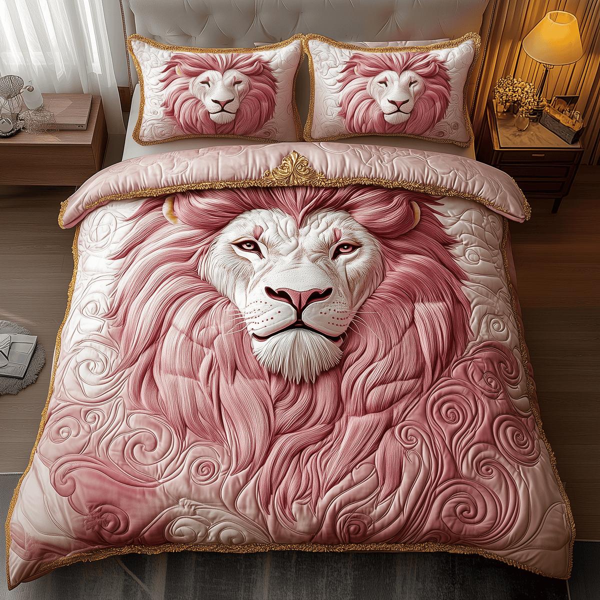 Pinky Majestic Lion 3 Piece Quilted Bedding Set Gift For Lion Lovers