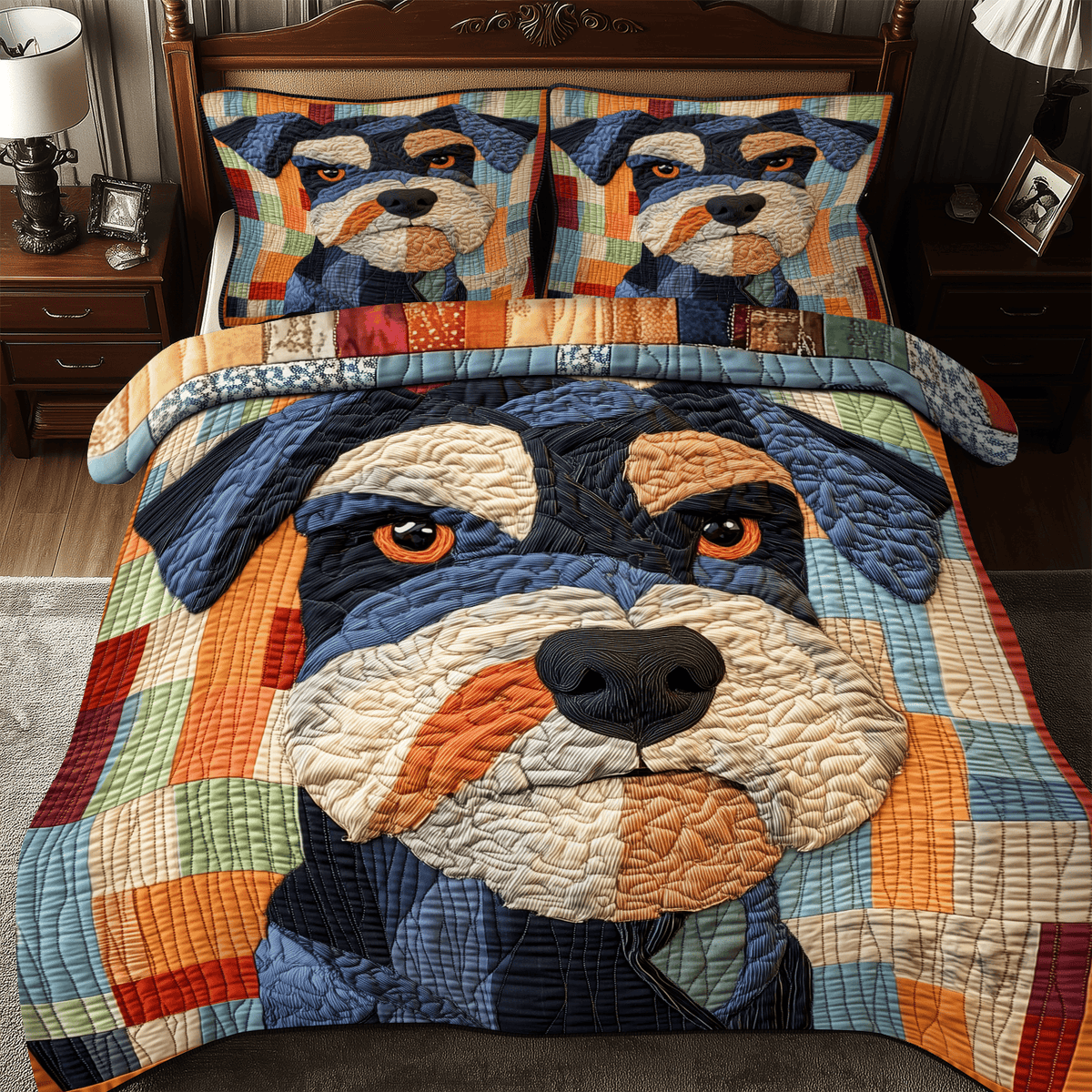 Schnauzer Dog 3 Piece Quilted Bedding Set Gift For Dog Lovers