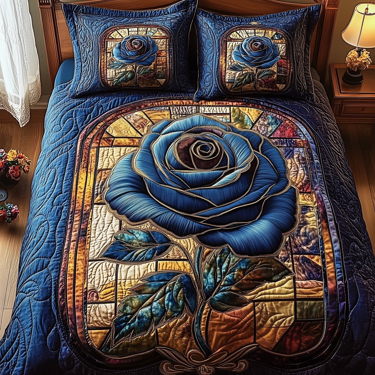 Blue Rose Dreamscape 3 Piece Quilted Bedding Set Gift For Flower Lovers