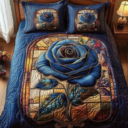 Blue Rose Dreamscape 3 Piece Quilted Bedding Set Gift For Flower Lovers