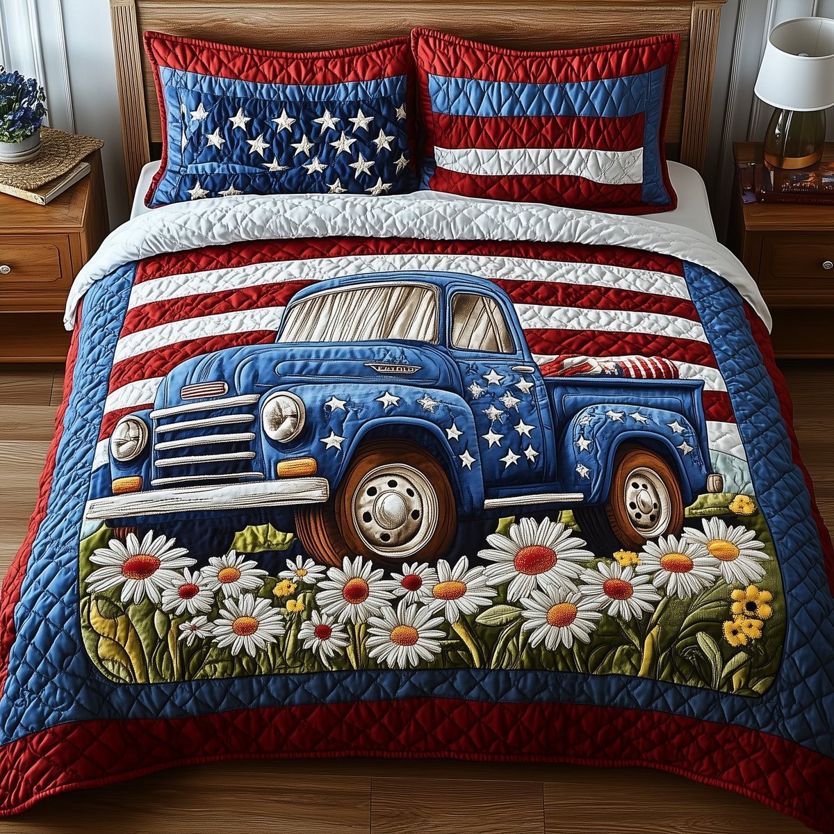 Patriotic America Truck 3 Piece Quilted Bedding Set Gift For Home Decor Lovers
