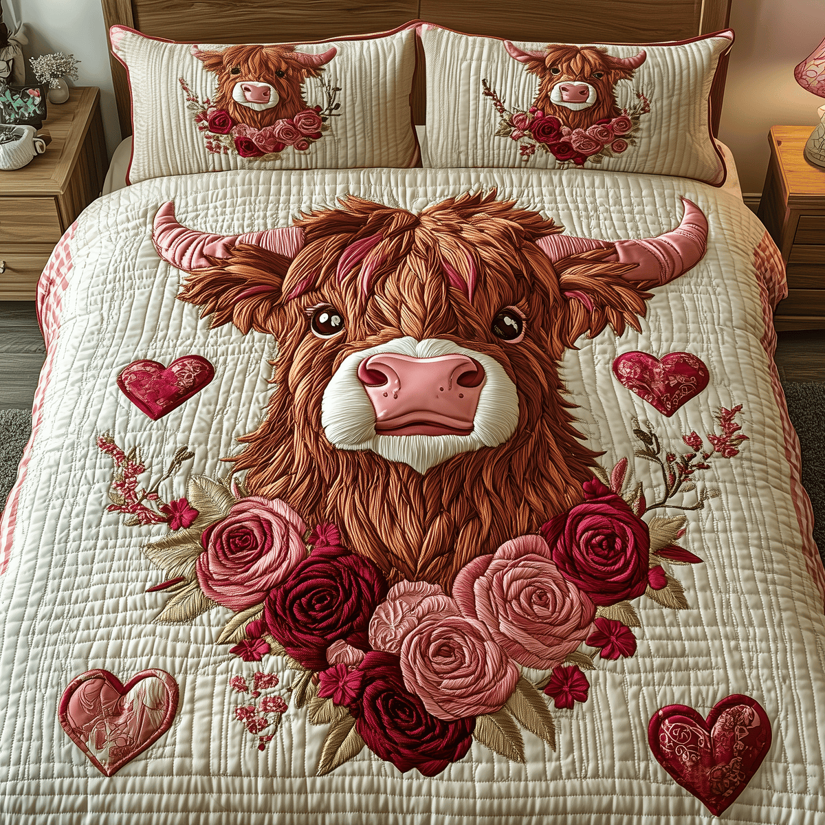 Pinky Sweetie Highland Cow 3 Piece Quilted Bedding Set Gift For Cow Lovers