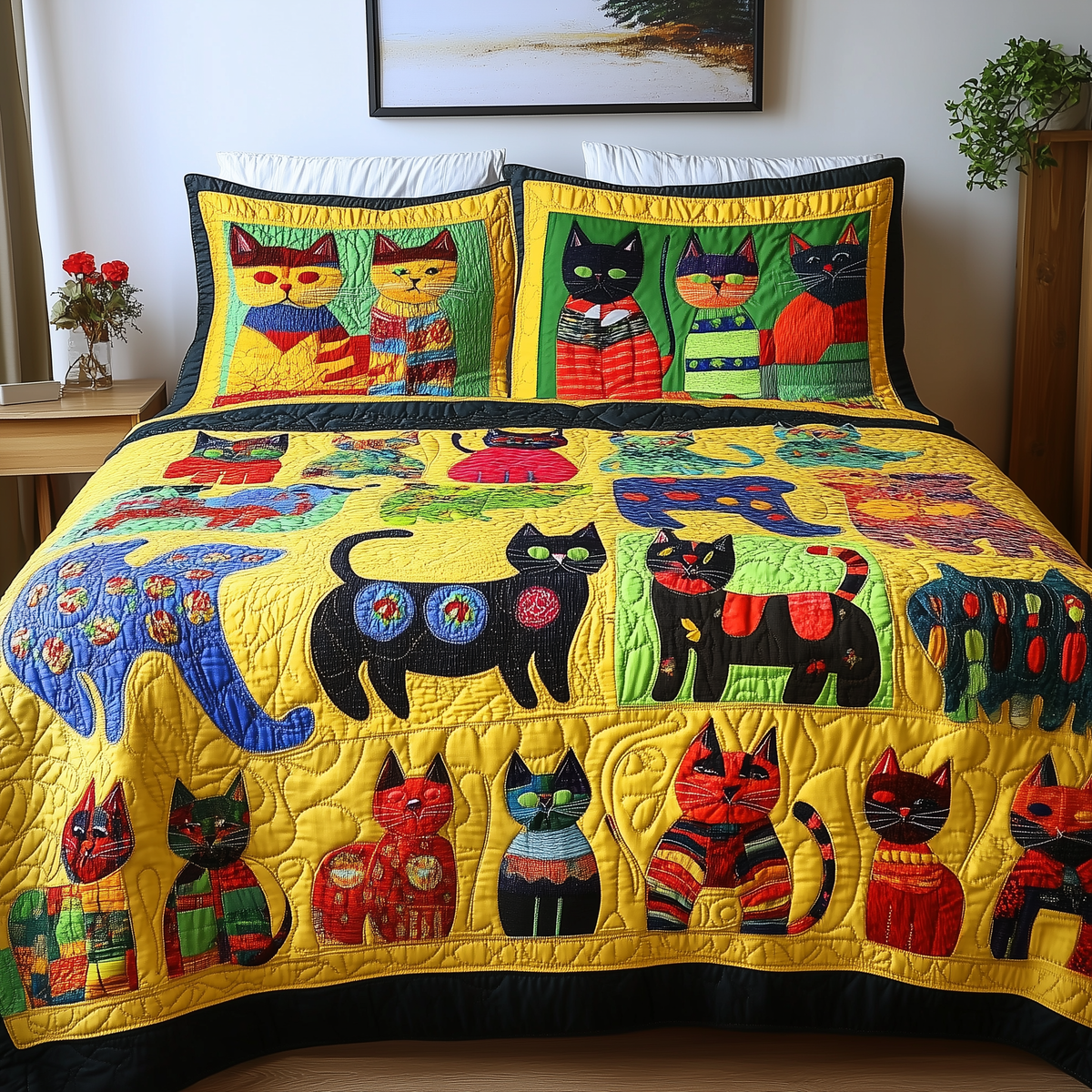 Funky Cats 3 Piece Quilted Bedding Set Gift For Cat Lovers