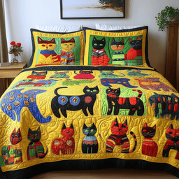 Funky Cats 3 Piece Quilted Bedding Set Gift For Cat Lovers