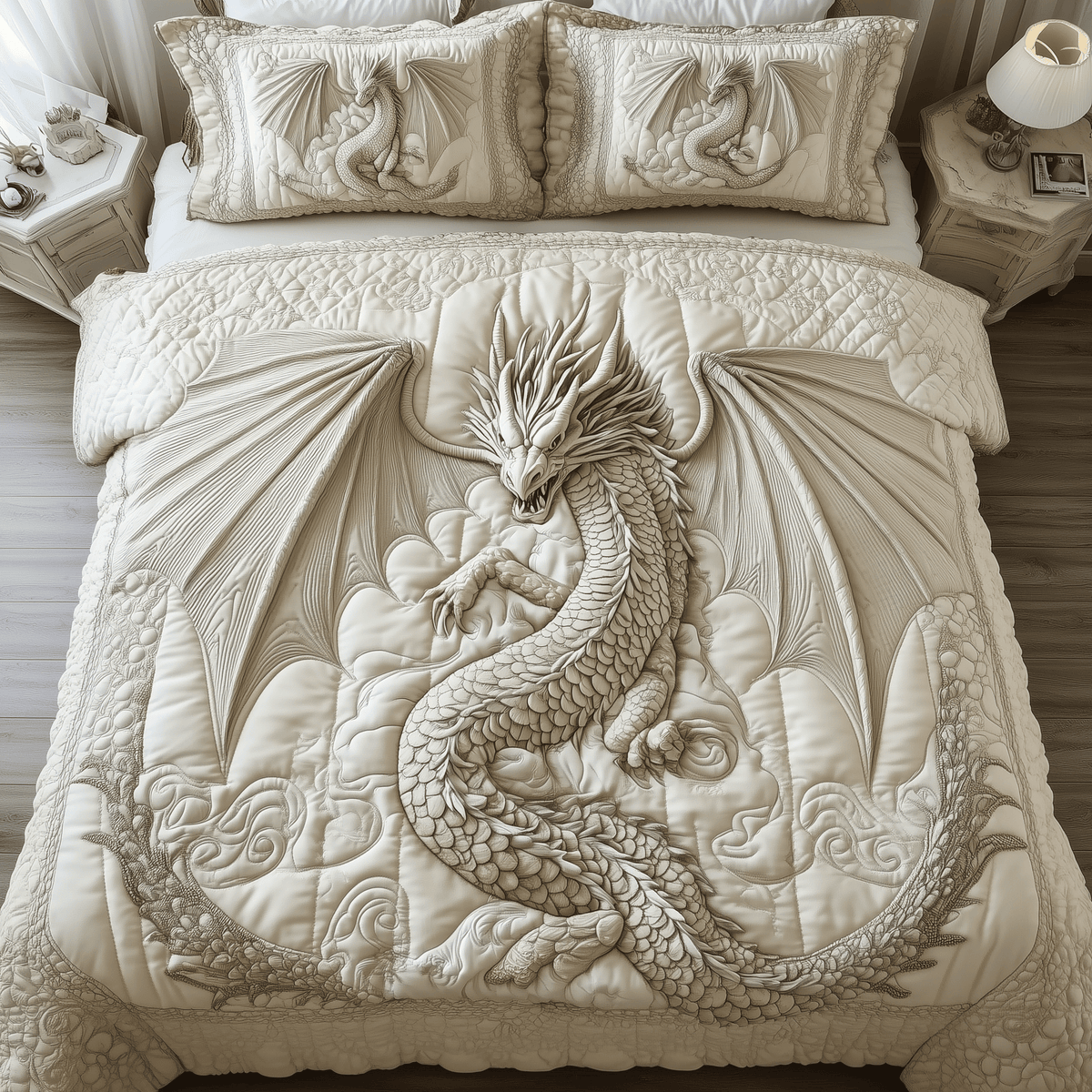 Magnificent White Dragon 3 Piece Quilted Bedding Set Gift For Fantasy Lovers