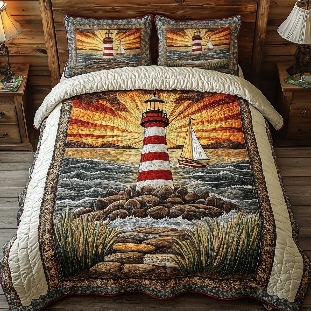 Lighthouse in the Sunburst 3 Piece Quilted Bedding Set Gift For Beach Lovers