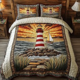Lighthouse in the Sunburst 3 Piece Quilted Bedding Set Gift For Beach Lovers