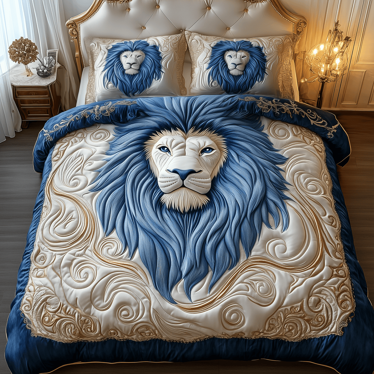 Blue Swirl Majestic Lion 3 Piece Quilted Bedding Set Gift For Lion Lovers