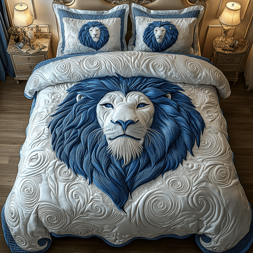 Blue Swirl Majestic Lion 3 Piece Quilted Bedding Set Gift For Lion Lovers