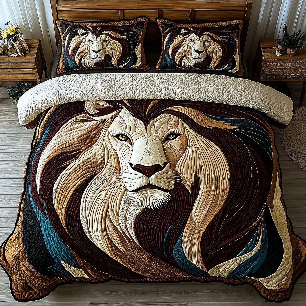 Vintage Majestic Lion 3 Piece Quilted Bedding Set Gift For Lion Lovers