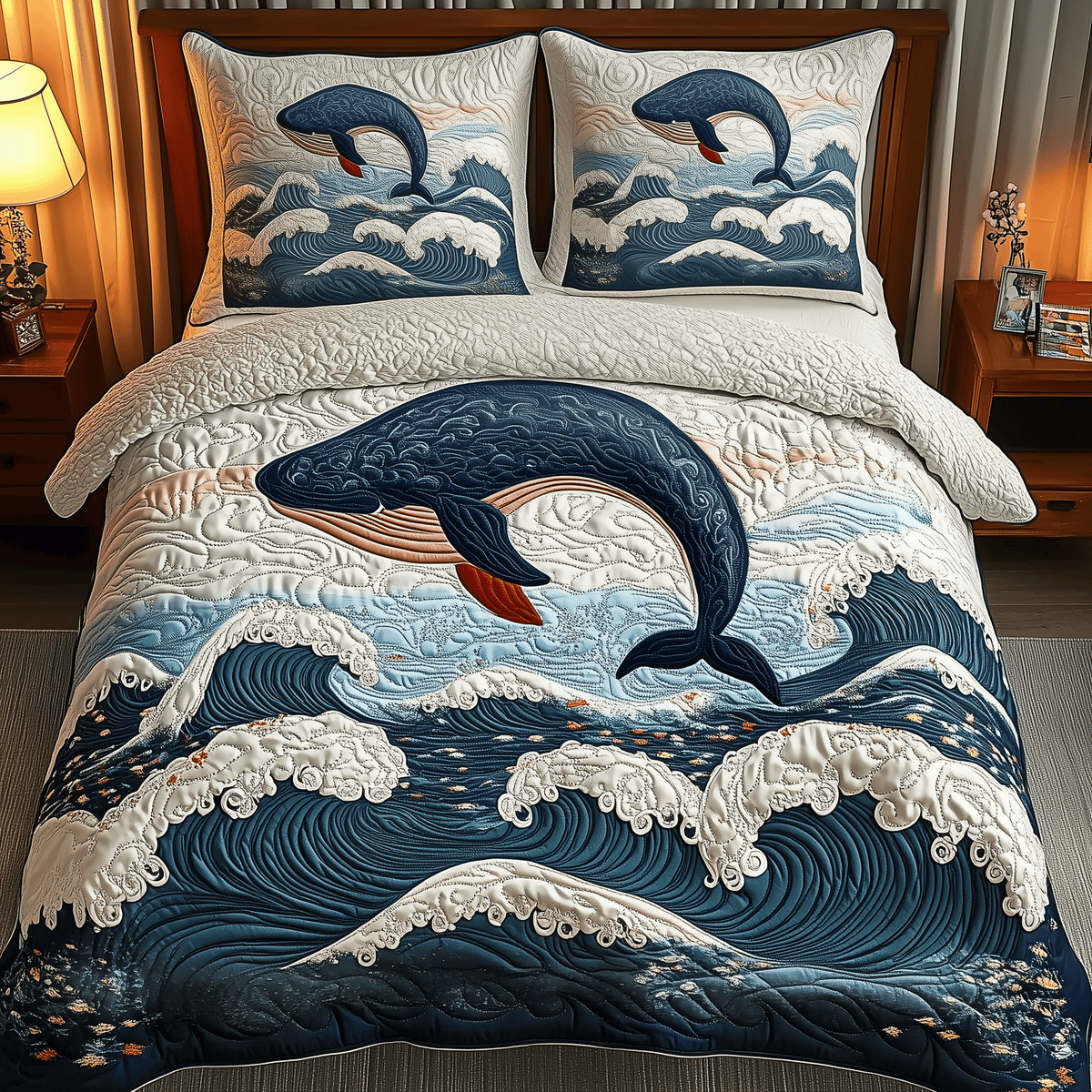 Whale Serenity 3 Piece Quilted Bedding Set Gift For Home Decor Lovers
