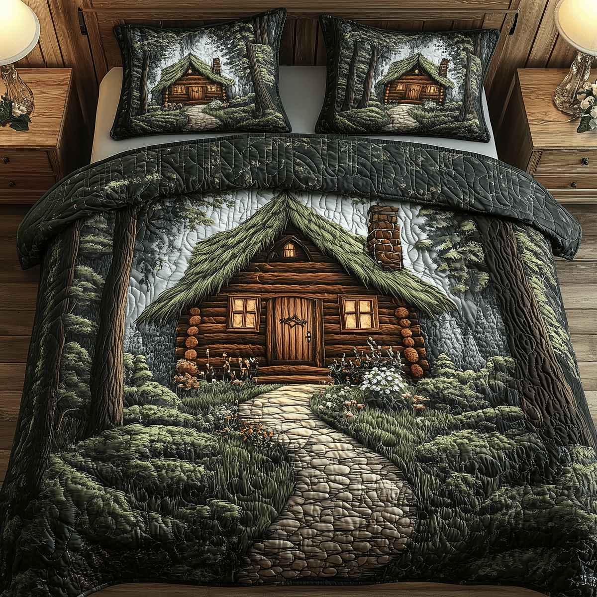 Mistique Forest Log Cabin 3 Piece Quilted Bedding Set Gift For Nature Lovers
