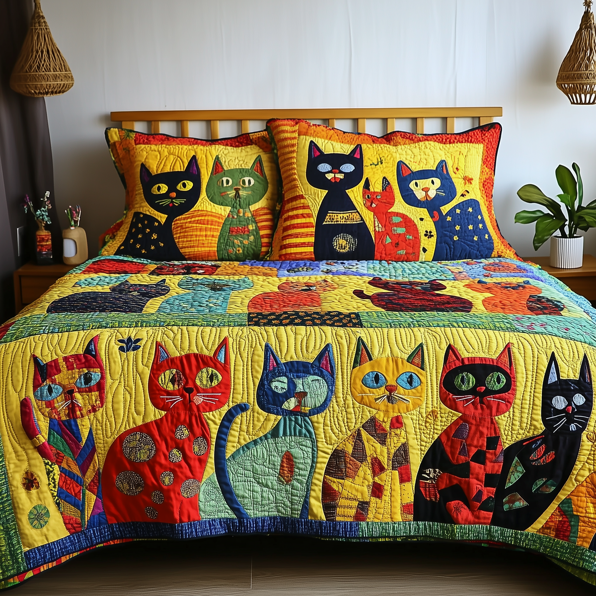 Funky Cats 3 Piece Quilted Bedding Set Gift For Cat Lovers