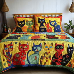 Funky Cats 3 Piece Quilted Bedding Set Gift For Cat Lovers