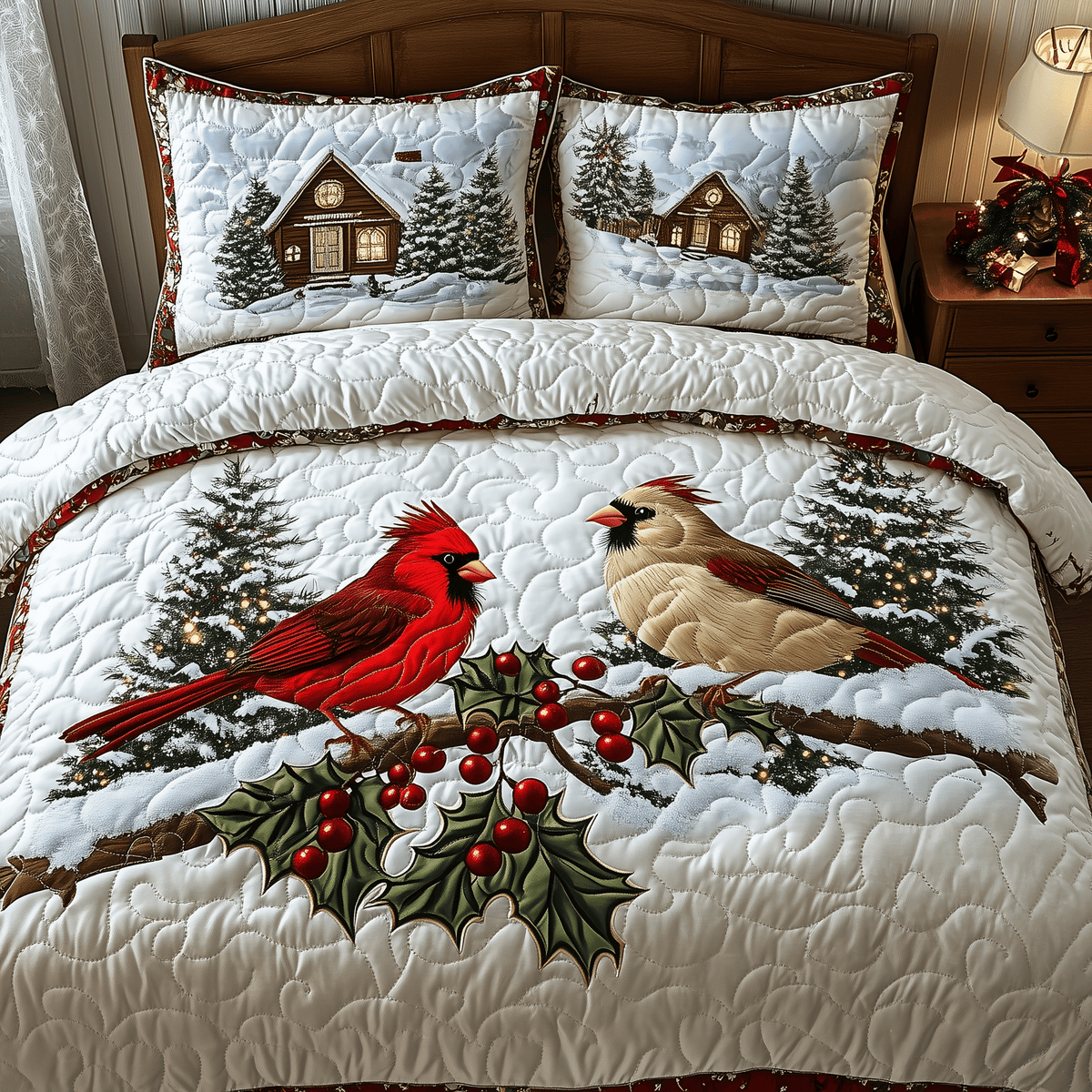 Harmony of Cardinals 3 Piece Quilted Bedding Set Gift For Bird Lovers