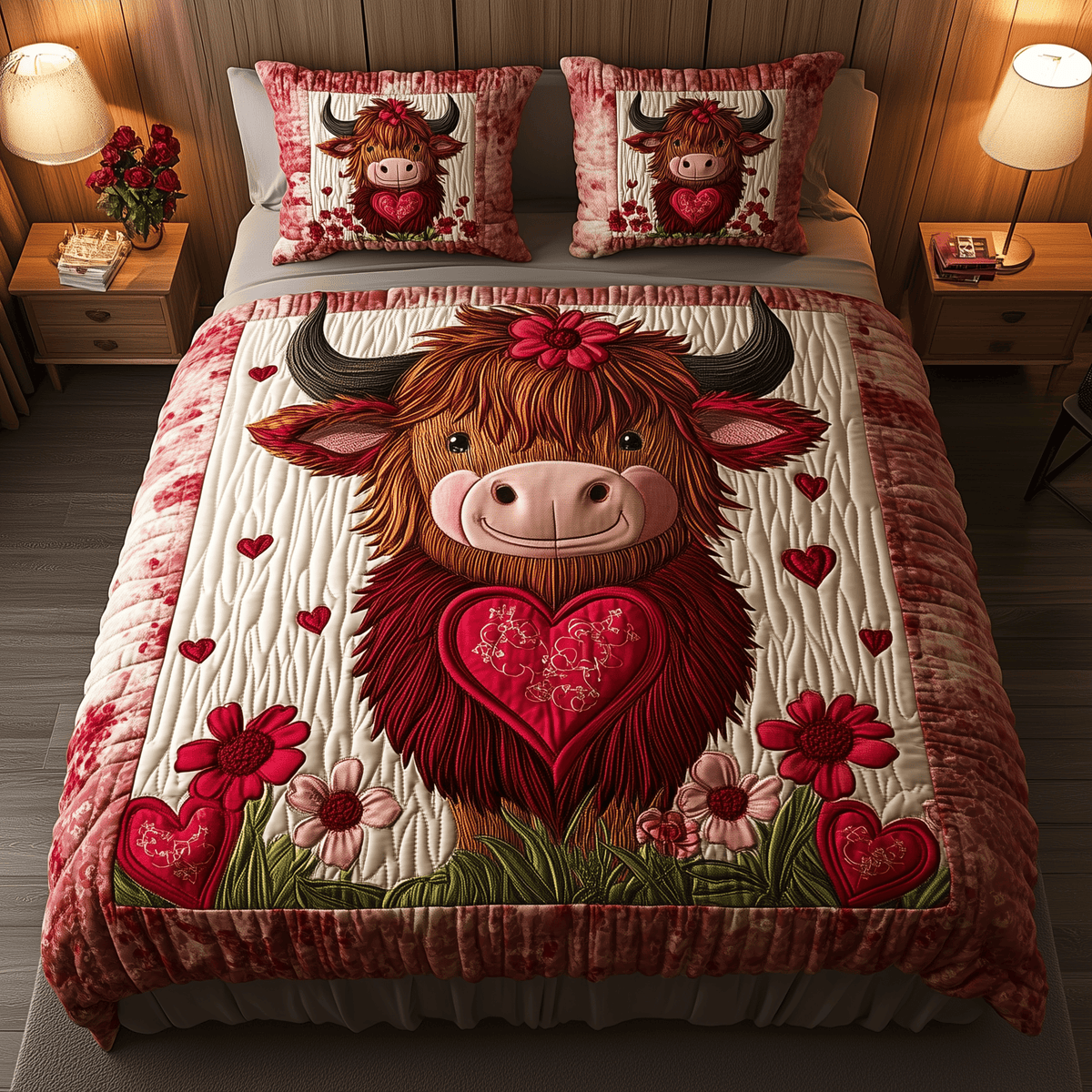Pinky Highland Cow 3 Piece Quilted Bedding Set Gift For Cow Lovers