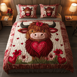 Pinky Highland Cow 3 Piece Quilted Bedding Set Gift For Cow Lovers