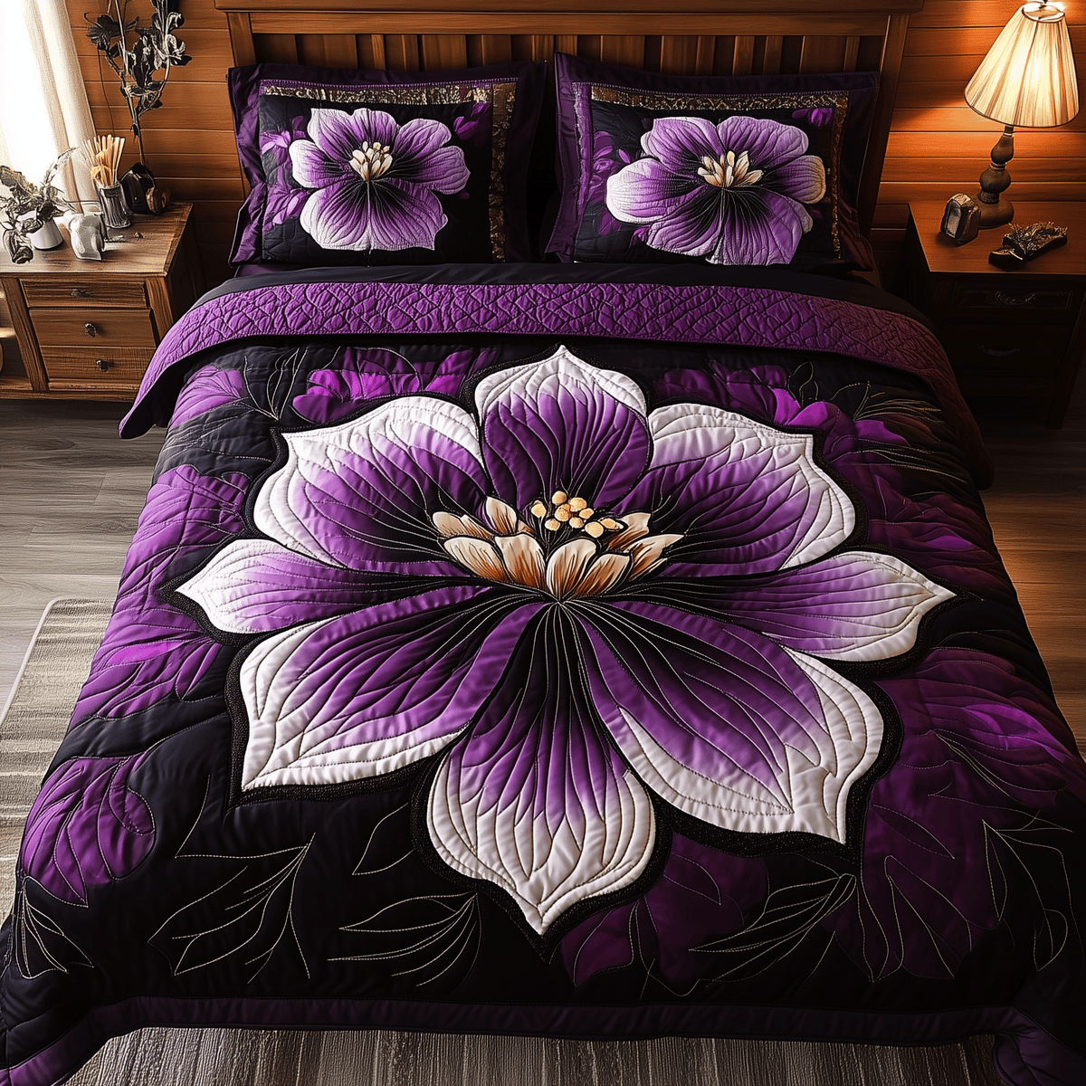 Dark Purple Flower 3 Piece Quilted Bedding Set Gift For Flower Lovers